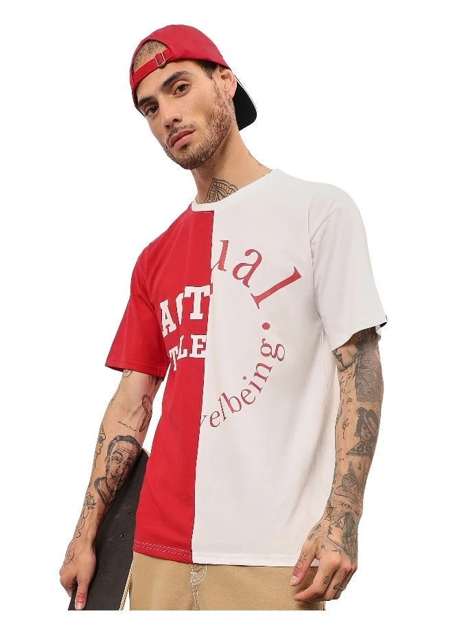 بيونغ تيشيرت أوفر سايز رجالي بألوان متضاربة أحمر وأبيض